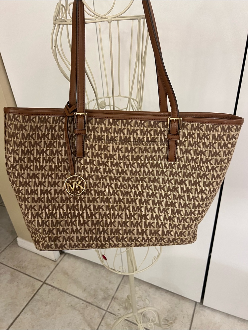 Michael Kors Brown Tan Signature MK Tote with Gold Accent